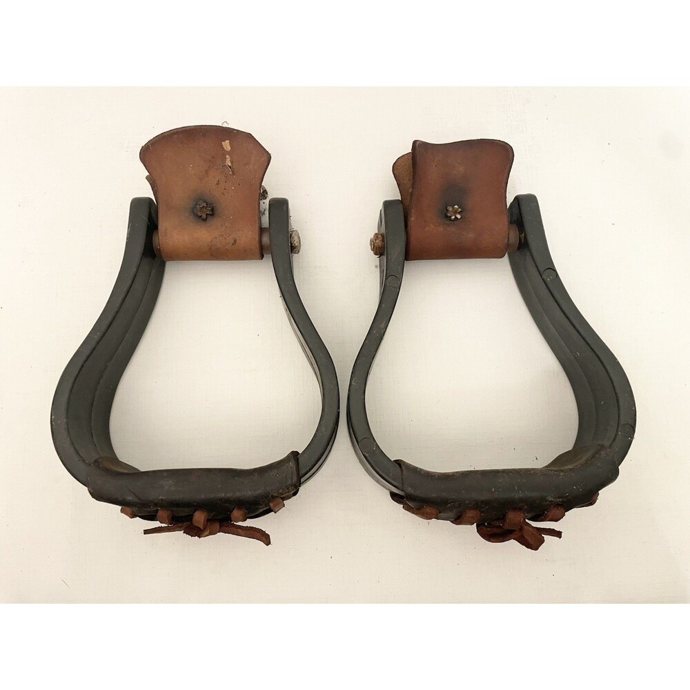 (2) Pair of Vintage Western Leather Wrapped Bell Horse Stirrups Ranch Work
